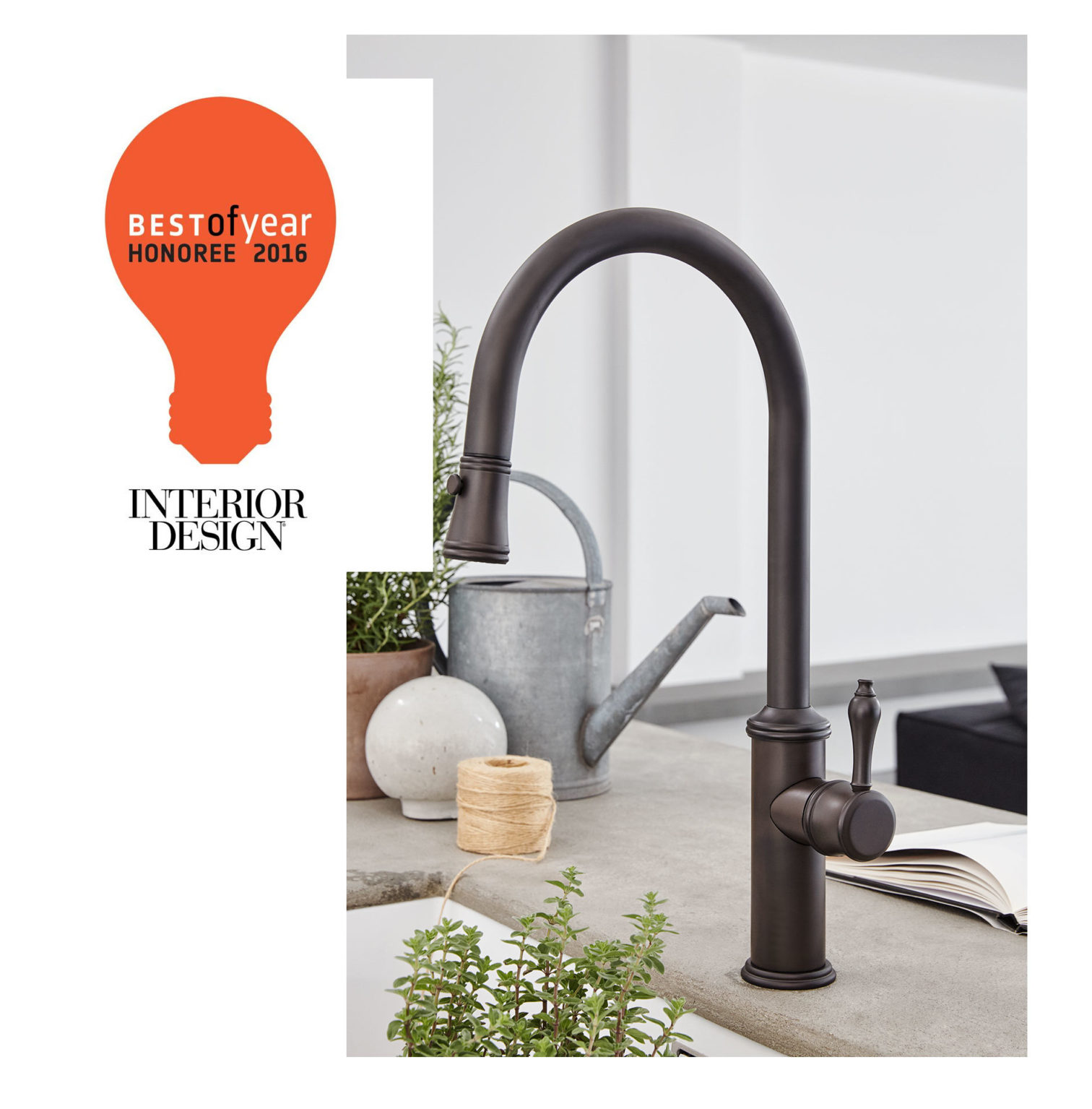 Interior Design Best of Year 2016 Honoree logo overlay on Davoli pull down kitchen faucet