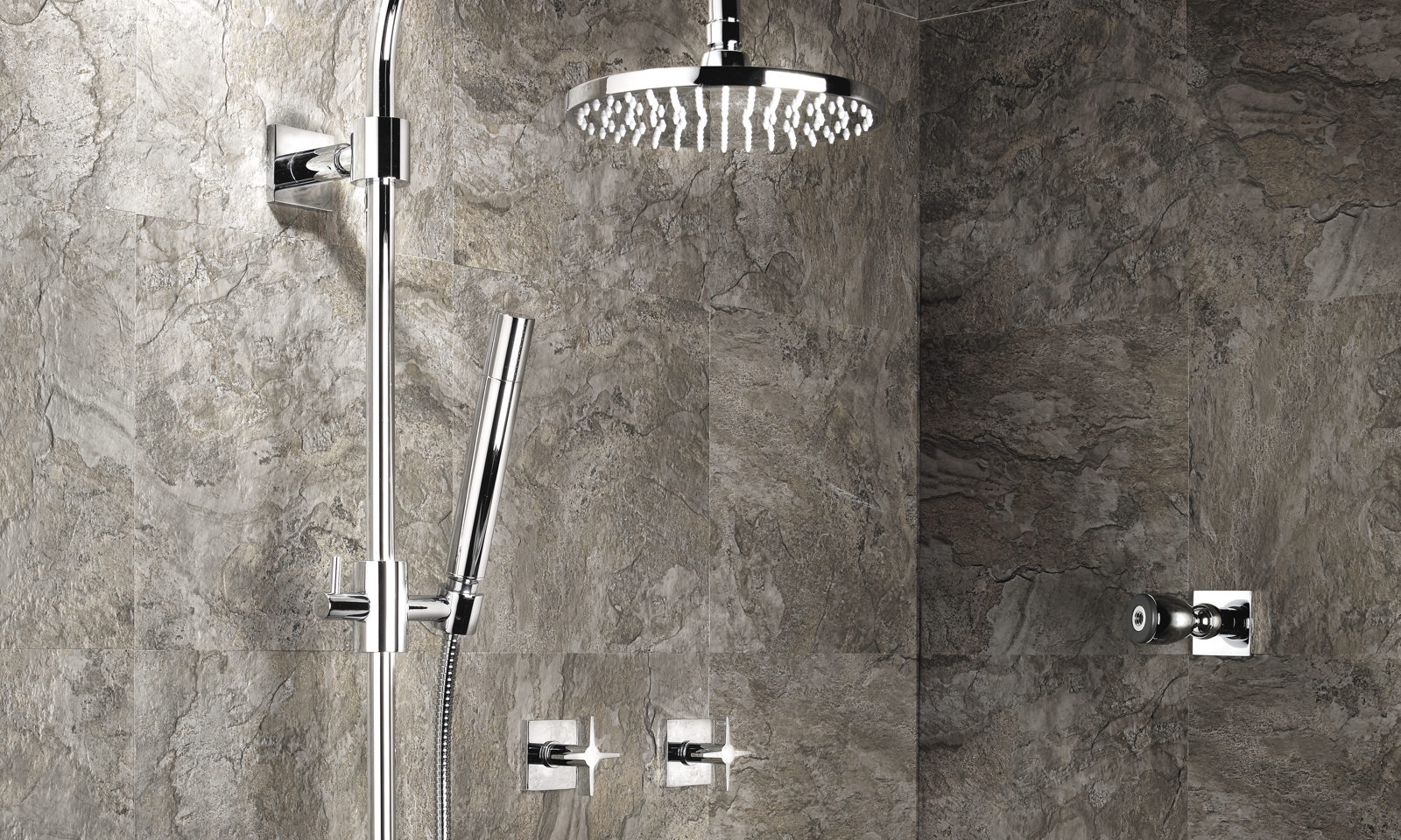 luxury thermostatic shower with showerhead, handshower, and body sprays